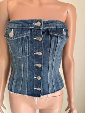 Zara Denim Strapless Button-Front Corset Top - Dark Blue Women’s Size S Elastic